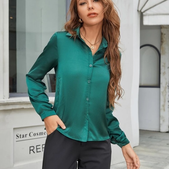 Satin button up blouse collared white work office - Picture 7 of 7